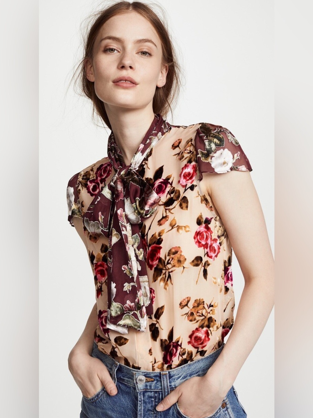 Alice + Olivia Floral Velvet Burnout Tie Neck Blouse, Size Small